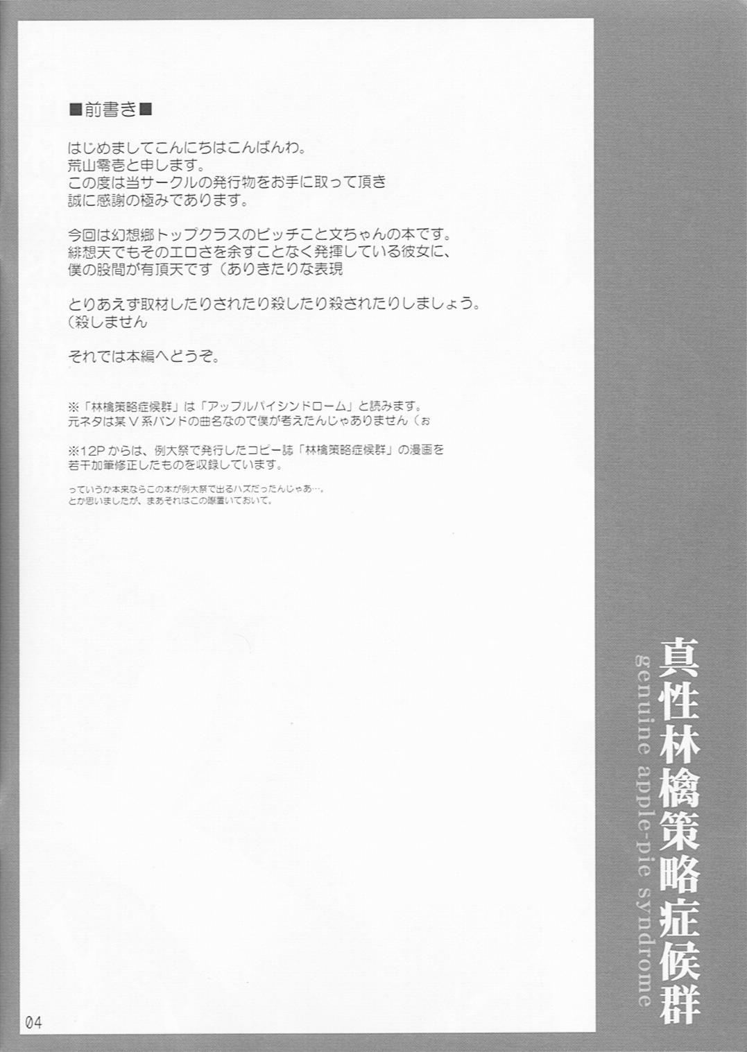 (C74) [ZERO-ONE (Arayama Reiichi)] Shinsei Ringo Sakuryaku Shoukougun (Touhou Project) page 3 full
